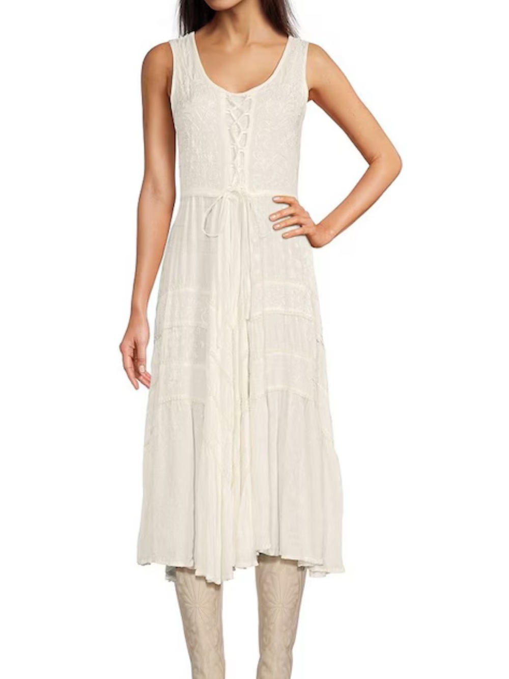 Scully Cream Sleeveless Lace-Detail Midi Dress